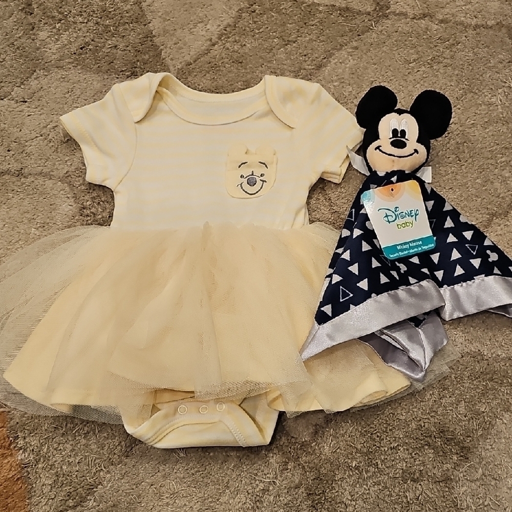 Disney Baby Yellow Pooh Tutu Onesie with Mickey Mouse Lovey